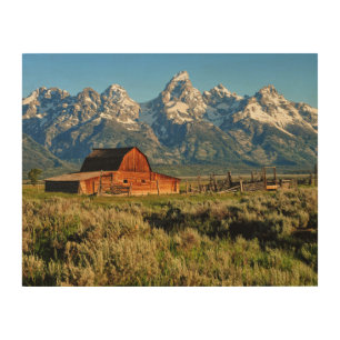 Farms   Barn Shadowed by Snow Capped Mountains Wood Wall Art