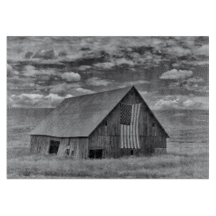 Farms BW American Flag Barn Scene Cutting Board