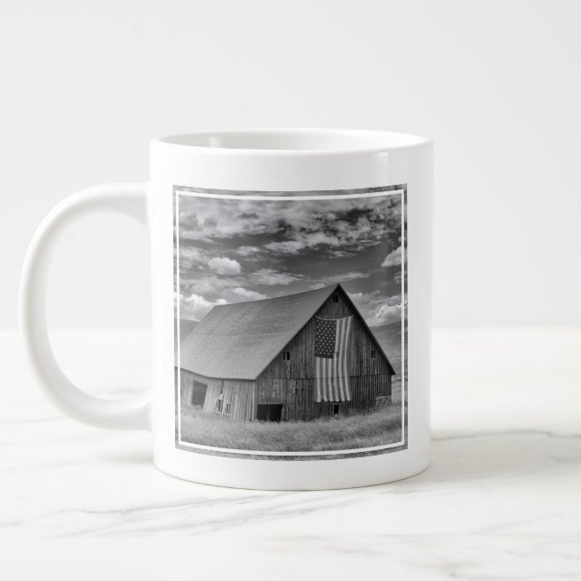 Farms | BW American Flag Barn Scene Giant Coffee Mug (Left)