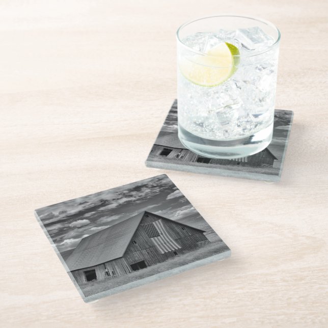Farms | BW American Flag Barn Scene Glass Coaster (Angled)