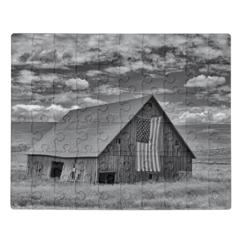 Farms  BW American Flag Barn Scene Jigsaw Puzzle