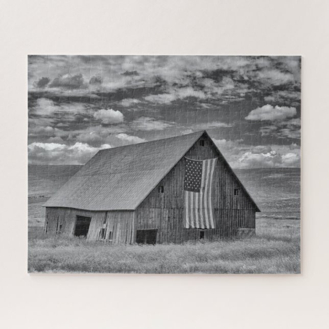 Farms | BW American Flag Barn Scene Jigsaw Puzzle (Horizontal)