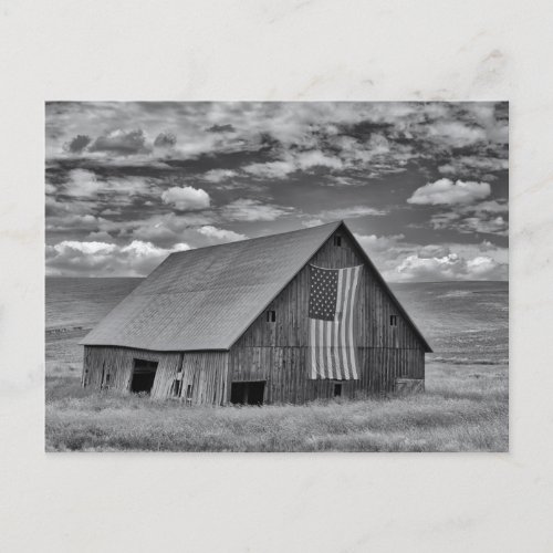 Farms  BW American Flag Barn Scene Postcard