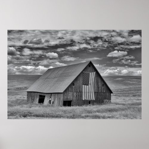 Farms  BW American Flag Barn Scene Poster