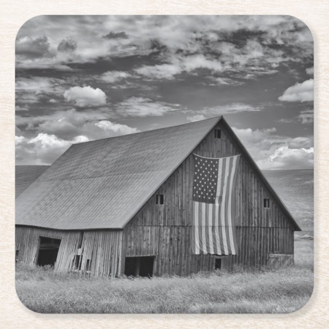 Farms | BW American Flag Barn Scene Square Paper Coaster (Front)