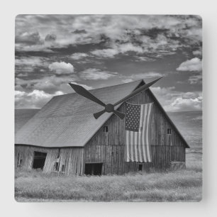 Farms BW American Flag Barn Scene Square Wall Clock