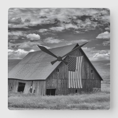 Farms  BW American Flag Barn Scene Square Wall Clock