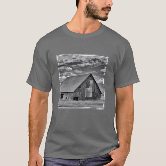 Farms | BW American Flag Barn Scene T-Shirt (Front)