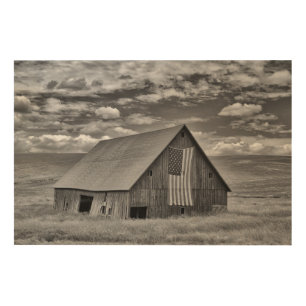 Farms BW American Flag Barn Scene Wood Wall Art