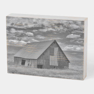 Farms BW American Flag Barn Scene Wooden Box Sign