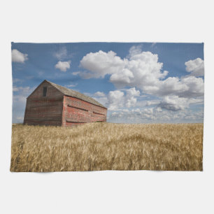 Farms   Old Red Barn in Wheat Field Kitchen Towel