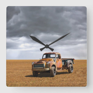 Farms Old Truck in Field Square Wall Clock