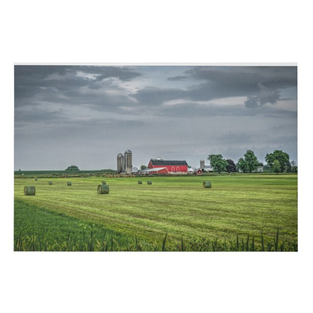 Farms | Red Barn & Silo in Spring Faux Canvas Print (Front)