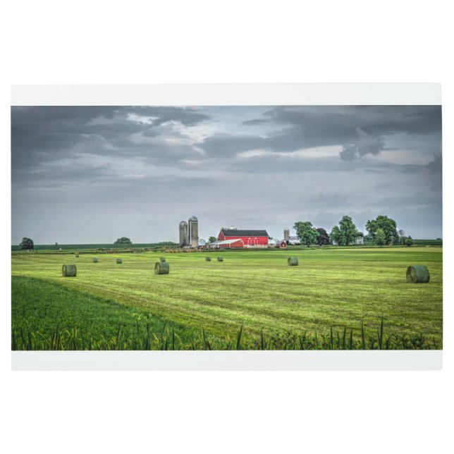 Farms | Red Barn & Silo in Spring Metal Print (Front)