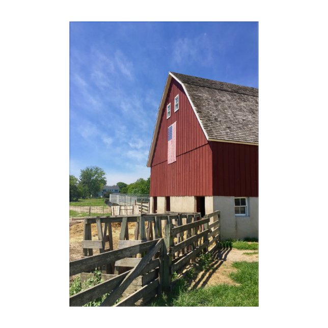 Farms | Red Barn With American Flag Acrylic Print (Front)