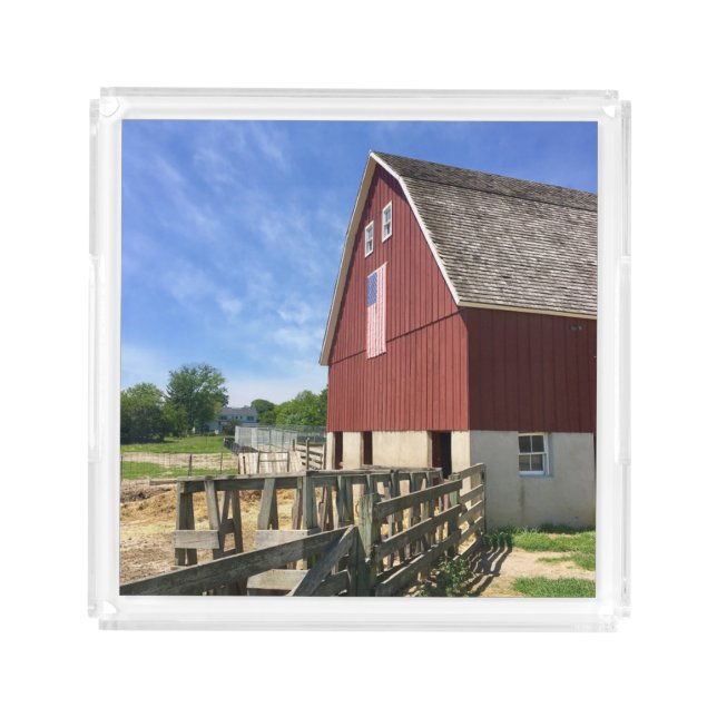 Farms | Red Barn With American Flag Acrylic Tray (Front)