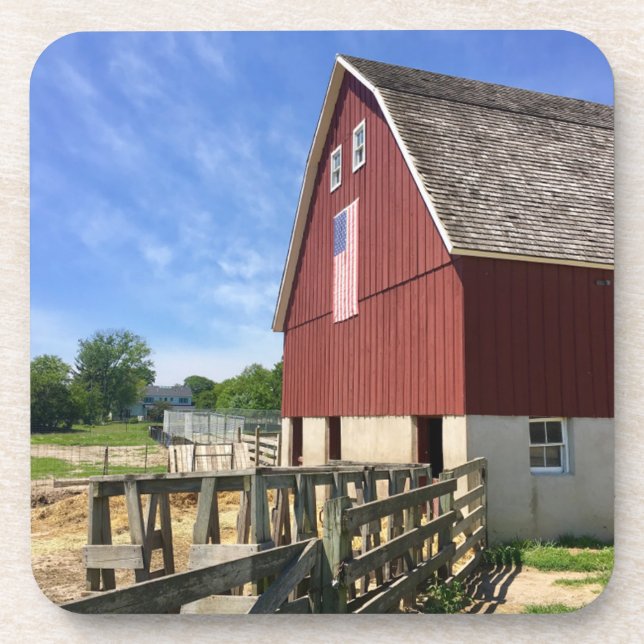 Farms | Red Barn With American Flag Beverage Coaster (Front)