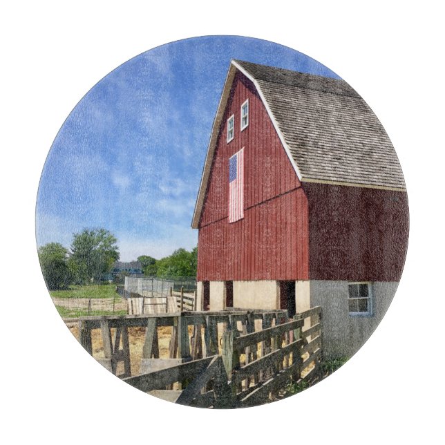 Farms | Red Barn With American Flag Cutting Board (Front)
