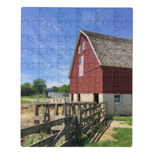 Farms Red Barn With American Flag Jigsaw Puzzle