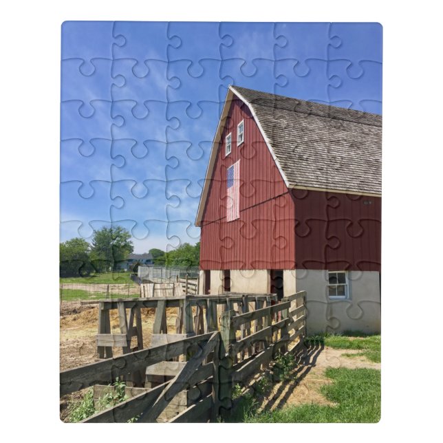 Farms | Red Barn With American Flag Jigsaw Puzzle (Puzzle Vertical)