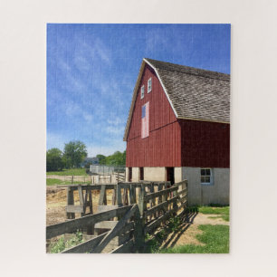 Farms Red Barn With American Flag Jigsaw Puzzle