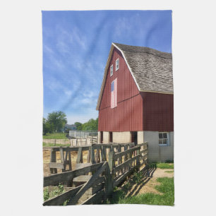 Farms   Red Barn With American Flag Kitchen Towel
