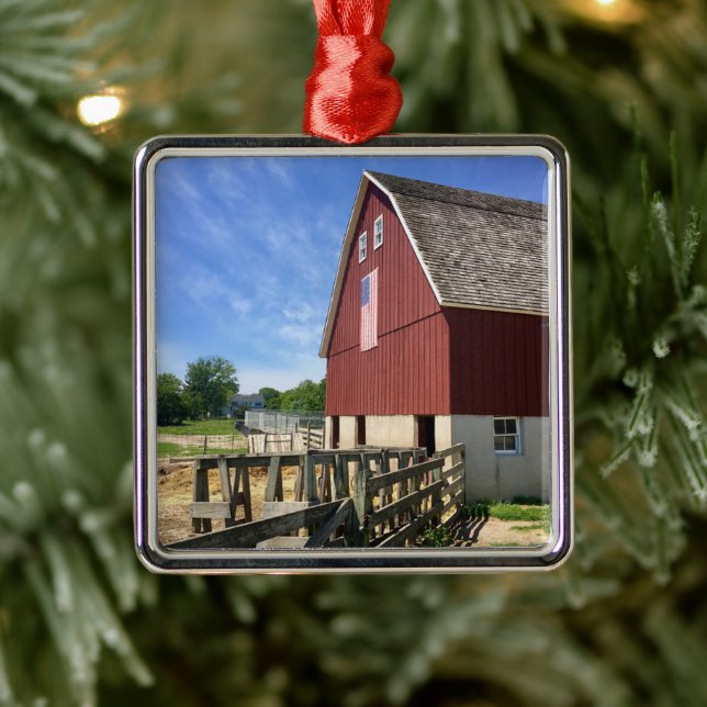 Farms | Red Barn With American Flag Metal Ornament (Tree)