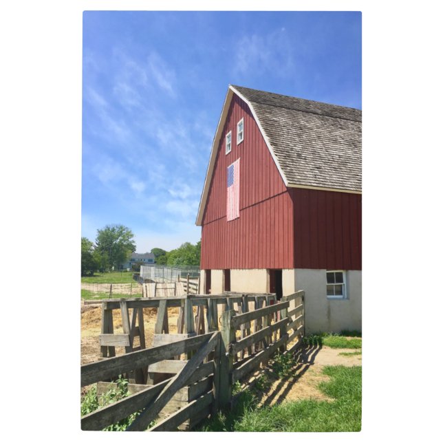 Farms | Red Barn With American Flag Metal Print (Front)