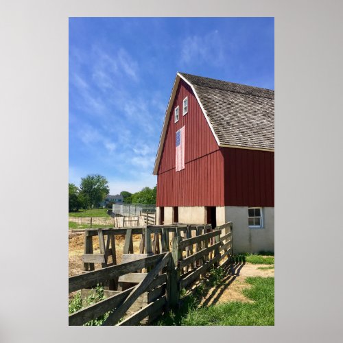 Farms  Red Barn With American Flag Poster