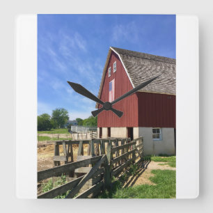 Farms Red Barn With American Flag Square Wall Clock