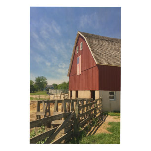 Farms   Red Barn With American Flag Wood Wall Art