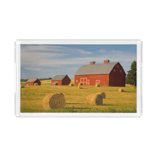 Farms | Red Barns Near Hay Bales Acrylic Tray (Front)