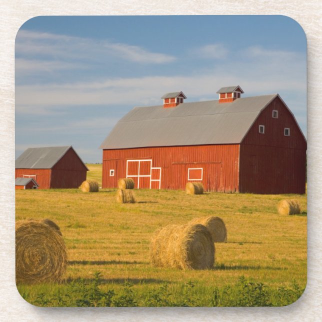 Farms | Red Barns Near Hay Bales Beverage Coaster (Front)