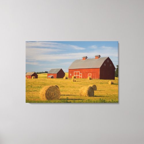 Farms  Red Barns Near Hay Bales Canvas Print