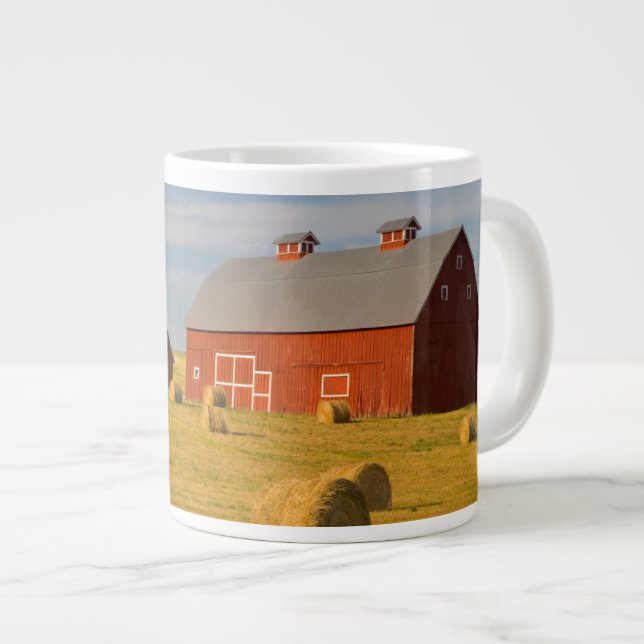 Farms | Red Barns Near Hay Bales Giant Coffee Mug (Front Right)