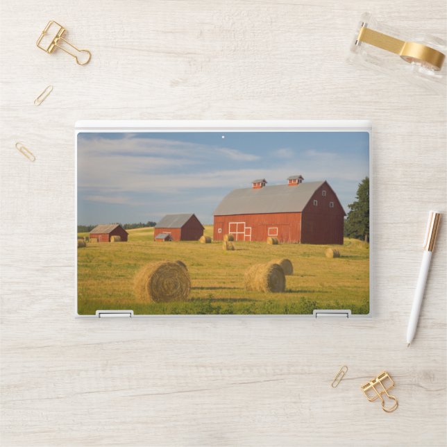 Farms | Red Barns Near Hay Bales HP Laptop Skin (Desk)