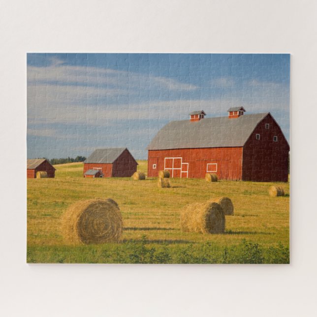 Farms | Red Barns Near Hay Bales Jigsaw Puzzle (Horizontal)