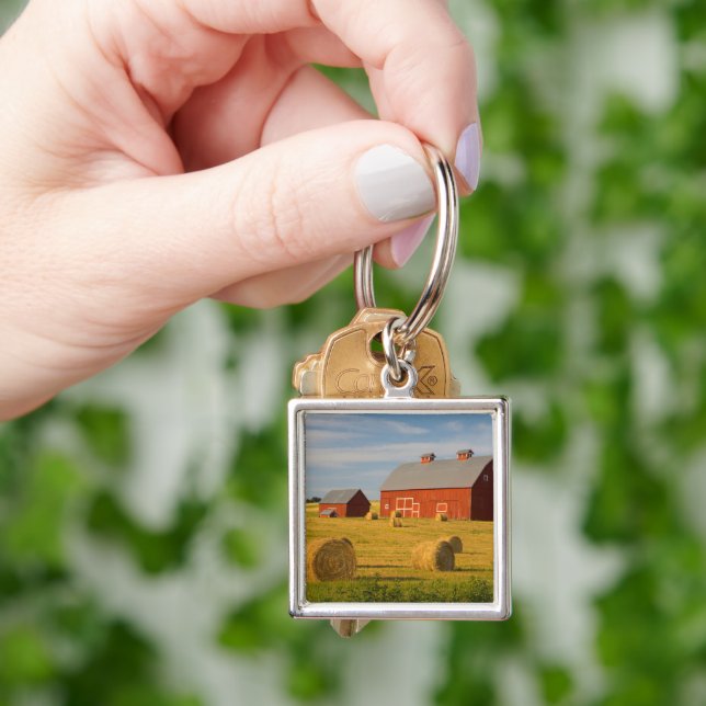 Farms | Red Barns Near Hay Bales Keychain (Hand)