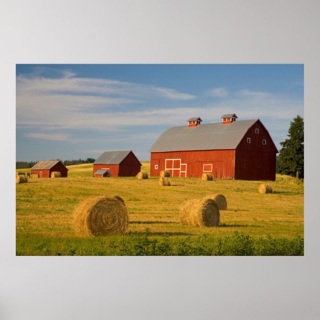 Farms | Red Barns Near Hay Bales Poster (Front)