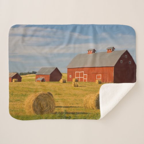 Farms  Red Barns Near Hay Bales Sherpa Blanket