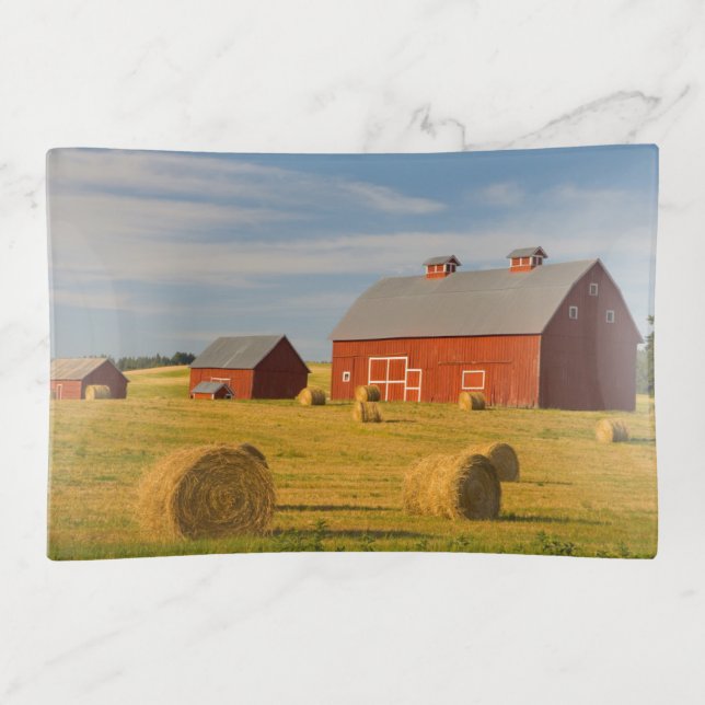 Farms | Red Barns Near Hay Bales Trinket Tray (Front)