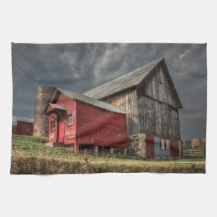 Farms   Red Wooden Barn in Michigan Kitchen Towel