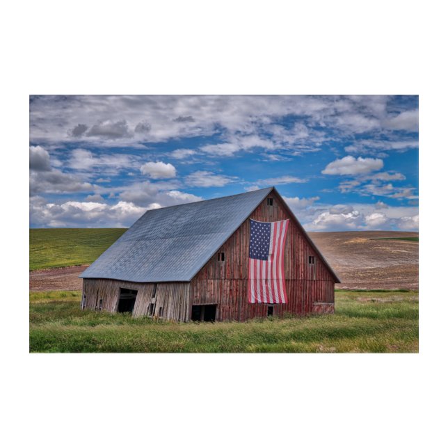 Farms | Rustic Red Barn With American Flag Acrylic Print (Front)
