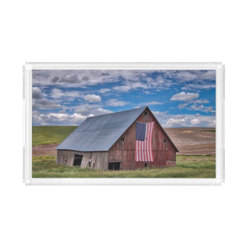 Farms  Rustic Red Barn With American Flag Acrylic Tray