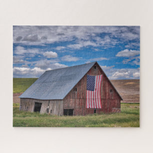 Farms Rustic Red Barn With American Flag Jigsaw Puzzle