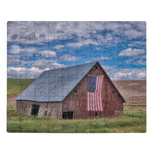 Farms Rustic Red Barn With American Flag Jigsaw Puzzle