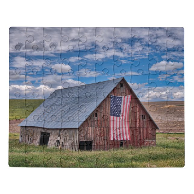 Farms | Rustic Red Barn With American Flag Jigsaw Puzzle (Puzzle Horizontal)