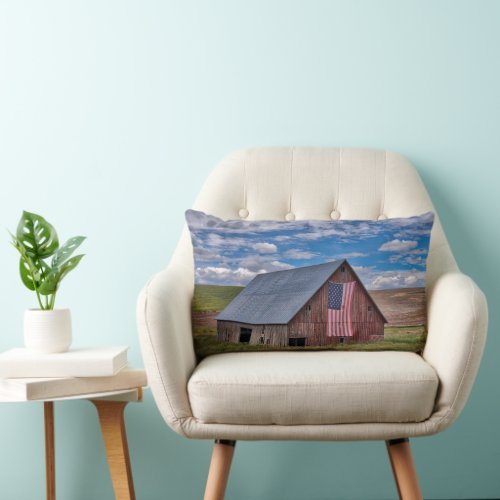Farms  Rustic Red Barn With American Flag Lumbar Pillow