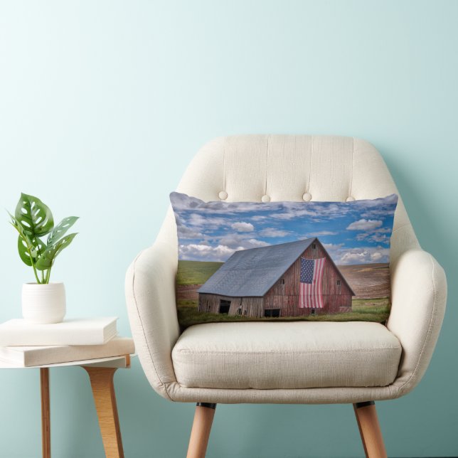 Farms | Rustic Red Barn With American Flag Lumbar Pillow (Chair)