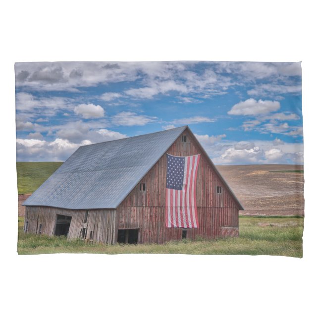 Farms | Rustic Red Barn With American Flag Pillow Case (Front)